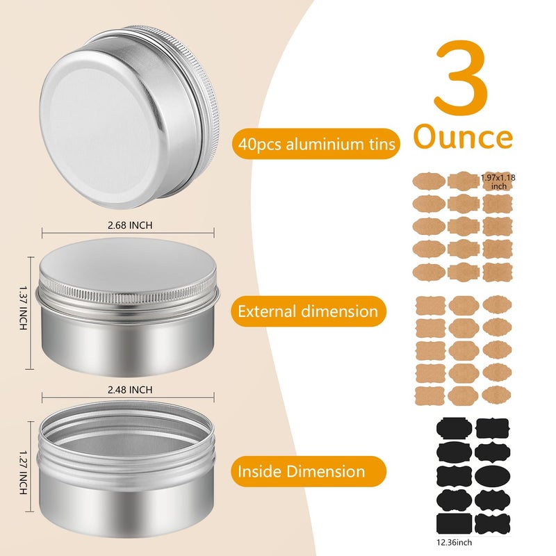 LIYAR 3 oz Tins with Lids, 40 Pack Aluminum Jars 3 oz Tin Salve Tins Refillable Containers With Screw Top and Labels for Salve,Candle,Spices or Balms(Silver) - Image 3